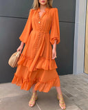 YESMYTOOL  -  Orange Ruffles Midi Dress For Women Lantern Sleeve Button Solid Dress With Belt Daily Vacation Party Vestido