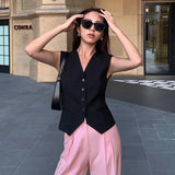 YESMYTOOL  -  Fashion Temperament V-neck Small Suit Vest Women 2024 Spring Summer Slim Solid Color Single Breasted Coat Female Commute Clothes