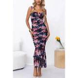 YESMYTOOL  -  Elastic Pleated Dresses for Summer Women' Dress 2024 New Sexy Hollow Out Ruffle Edge Casual Floral Print Maxi Strap Dress