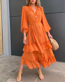 YESMYTOOL  -  Orange Ruffles Midi Dress For Women Lantern Sleeve Button Solid Dress With Belt Daily Vacation Party Vestido