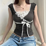 YESMYTOOL  -   Vintage Y2K Aesthetic Ruched Sweet Women T-shirts Korean Lace Patched Slim Tie-Up Bow Crop Top Tee Girls Cute Outfits