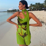 YESMYTOOL  - Halter Backless Mini Dress Beach Vacation Outfits Sexy Green Floral Summer Dresses For Women 2024 Y2K Clothing