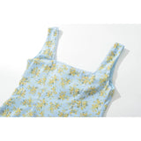 YESMYTOOL  -  Vintage Blue Floral Print Summer Tank Top Women Front Button Bow Square Neck Sleeveless Crop Top