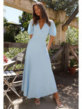 YESMYTOOL  -  Off Shoulder Textured Dress Women's Summer Blue Backless Holiday Sundress Elegant Holiday Party Maxi Vestidos Long Dress