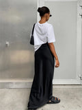 YESMYTOOL  - Solid Satin Long Skirt Women High Waist Elegant Fashion Slim Draped Maxi Skirt 2024 New Summer Casual Chic Office Lady Faldas