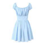 YESMYTOOL  -  New Women Vintage Puff Sleeve Square Neck Sky Blue Mini Dresses Sexy Low Waist Female Summer Robe Cotton