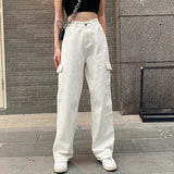 YESMYTOOL  -  High Waist Casual Jeans 2024 Women Fashion White Blue Loose Omighty Wide Leg Pocket Cargo Pants Vintage Solid Overalls Trouser