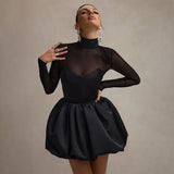 YESMYTOOL  -  Autumn Winter Mini Dress Women Fashion Mesh Patchwork Slim Evening Party Dresses Sexy Sheer Turtleneck Christmas Outfits 2024