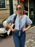 YESMYTOOL  -  Blue Striped Lace- Up Blouse Women 2025 Spring New V Neck Half Sleeve Short Shirts Tops Elegant Casual Cropped Blouses Female