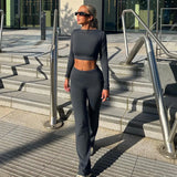 YESMYTOOL  -  Solid Sports Yoga Two Piece Set for Women  Autumn Long Sleeve Round Neck Slim Fit Crop Top Causal Flare Pants Streetwear