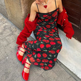 YESMYTOOL  -  Spaghetti Strap Elegant Summer Long Dress Cherry Printed Fashion Folds Beach Holidays Sundress Sexy Women's Dresses