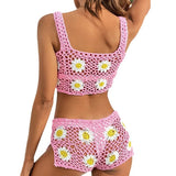 YESMYTOOL  - 2024 New bikini set Woven Daisy swimsuit halter top Shorts set hand-crocheted knitwear