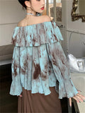 YESMYTOOL  -  Blue Retro Blouses Daily Tie-Dying Ruffles Autumn Chic Loose Slash Neck Slim Office Lady Full Sleeve Ruffles