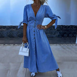 YESMYTOOL  -  Fashion Single-breasted V-neck Denim Dress Elegant Hight Waist Tie-up Half Sleeves Party Dress Casual Solid Long Dress Vestidos