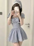 YESMYTOOL  -  Sweet Y2K Blue Plaid Princess Short Dresses for Women Puff Sleeve Square Collar A-line Birthday Party Dress Prom Vestidos Mujer