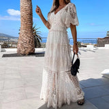 YESMYTOOL  -  Elegant V-neck Short Sleeve Long Dress Lady Sexy Crochet Embroidery Hollow Party Dress Fashion Hight Waist Pleat Mesh Maxi Dress