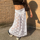 YESMYTOOL  -   Sexy Lace See-Through Skirt For Women Elastic Waist Bow Jacquard Splice Summer New Solid Color Loose Long Skirt Female