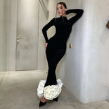 YESMYTOOL  -  Autumn Winter Maxi Dress for Women Fashion Flower Slim Evening Party Dresses Black Elegant Long Sleeve Christmas Outfits 2024