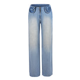 YESMYTOOL  -  2024 Zipper Fly Loose Long Straight-leg Pants Tie Flowers Wide Leg Denim Pants Fashion Summer Light Blue Jeans Women Trousers