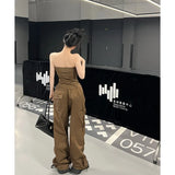 YESMYTOOL  - Women Brown Casual Pants Vest Sleeveless Vintage Fashion Straight American Wide Leg Pants Female 2024 Summer Solid Trouser