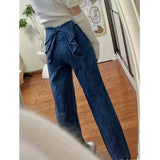 YESMYTOOL  -  Streetwear Blue Bows Denim Pants Retro High Waist Button Wide Leg Trousers Casual Loose Baggy Jeans Y2k Straight Pants For Women