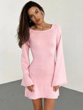 YESMYTOOL  -  Womens Flare Sleeve Lace-up Backless Pink Sweater Dress Ladies Autumn High Waist Hollow Out Knitted White Party Vacation Dresses