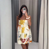 YESMYTOOL  -  Print Pleated Slip Mini Dress Women Sexy Sleeveless Backless High Waist Female Dresses 2024 Spring Summer Lady Holiday Vestidos