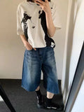 YESMYTOOL  -   Jean Shorts for Women Harajuku Fashion Loose Do Old Wide Leg Calf-Length Denim Pants Hip Hop Retro Summer Causal Bottoms