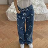 YESMYTOOL  -   Korean Fashion Bow Pattern Printed Women Jeans Low Waisted Straight Leg Denim Trousers Cute Sweet Harajuku Sweatpants