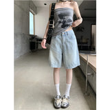 YESMYTOOL  - Women Short Jeans Blue American Vintage Y2K Straight Simplicity Wide Leg Pants High Waist Female Summer Knee Length Denim Shorts