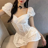 YESMYTOOL  -  Retro Puff Sleeve White Corset Dress 2024 Summer Autumn New Fashion French Style Short Dresses Women's Clothing Party Club Wear