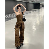 YESMYTOOL  - Women Brown Casual Pants Vest Sleeveless Vintage Fashion Straight American Wide Leg Pants Female 2024 Summer Solid Trouser