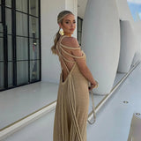 YESMYTOOL  -  Woven Rope Hollow Out Lace Up Backless Beach Long Dress Summer Women Sexy Off Shoulder Sleeveless Loose Casual Vacation Dresses