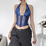 YESMYTOOL  -  Fashion Plaid Printed Halter Lace-up Corset Spicy Girl 2024 Summer Fashion Deep V-neck Tight Waist Backless Tank Top Streetwear