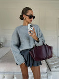 YESMYTOOL  -  Oversize Mohair Knitted Long Sleeved Pullover Women Grey Round Neck Loose Sweater Tops 2024 Autumn High Street Jumpers