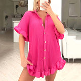 YESMYTOOL  -  Summer Casual Short Sleeve Suit Female Lapel Single Breasted Shirts+Ruffles Short Outfit Elegant Solid Color Loose Homewear Suit