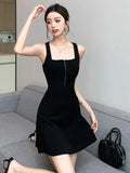 YESMYTOOL  -  Black Sexy High Waist Party Club Backless Mini Dresses Women Summer Office Lady Square Collar Sleeveless Zipper Short Dress Chic