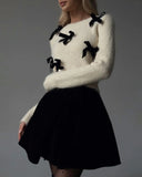 YESMYTOOL  -   Fall Winter Knitted Bow Detail White Sweaters Tops Round Neck Long Sleeve Top Chirstmas Casual Outfits Streetwear