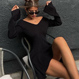 YESMYTOOL  -  Autumn Winter Sweater Dress Sexy Off-Shoulder Women's A-Line Hem Elegant Rib Knit Mini Dresses Long Sleeve Higt Waisted