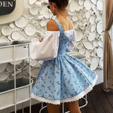 YESMYTOOL  -  Puff Sleeve Suspender Dress Women Fake Two Pieces Flower Strapless Ruffles Splice Long Sleeve Lace Up Party Dress Summer