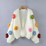 YESMYTOOL  -  Y2K 3D Flower Knitted Cardigan Women Oversized Cropped Sweater Coat Streetwear Harajuku Long Sleeve Knitwear Winter Chic Jumpers