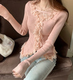 YESMYTOOL  -  Women Sweet Pink Lace Ruffles V-neck Slim Casual Cardigan Sweaters Gray Long Sleeve Knit Office Tops 2024Autumn Winter French