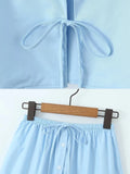 YESMYTOOL  - Light Blue Skirt Set Women Summer 2 Pcs Outfits Summer Spring Bowknot Buttons Female Set 2024 Flare Sleeve Top Skirt Set