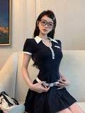 YESMYTOOL  -  Streetwear Preppy Style Summer Dress Women Korean Fashion Pleated Mini Dresses Polo Collar Slim Patchwork Y2k Robe