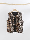 YESMYTOOL  -  Leopard Print Bow Lace Up Women Vest 2024 Spring Loose V-neck Sleeveless Waistcoat Vintage Chic Lady High Street Panther Jackets