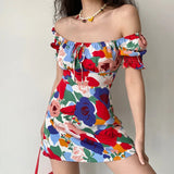 YESMYTOOL   - 2024 Summer Women's dress Beach Style A-LINE Floral Printing Miniskirt Strapless Holiday trip female clothing