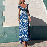 YESMYTOOL  -  Elegant Patterned Printed V-neck Long Dress 2024 Summer Women Casual Loose Bohemian Party Dress Fashion Hight Waist Maxi Dresses