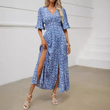 YESMYTOOL  -  Fashion elegant floral prints Dresses summer women's dress Skinny Beach V-neck short lantern sleeve high waist Maxi split dress