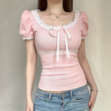 YESMYTOOL  -  Korean Pink Cute Coquette Sweet Summer T-shirts Women Bow Lace Patched Slim Cropped Top Girls Cutecore Tees Clothing