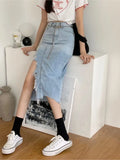 YESMYTOOL  -  Women Summer Tassel Hem Split Irregular Denim Midi Skirt Female High Waist Casual Blue Ripped Side Jeans Skirts